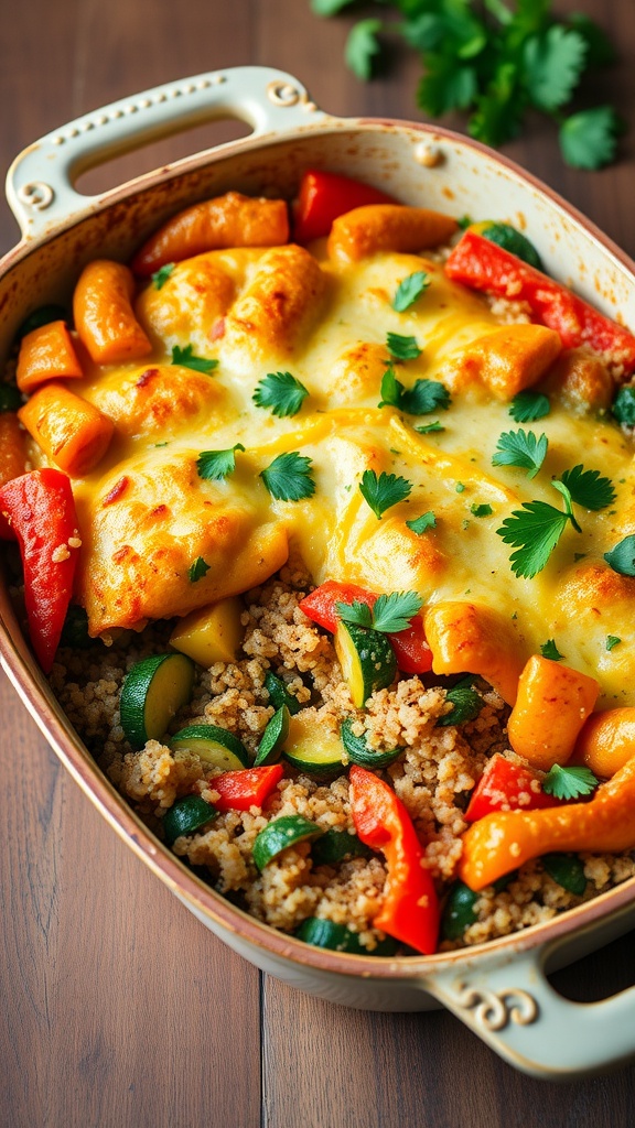 A healthy quinoa bake with vegetables and cheese, garnished with parsley, on a rustic table.